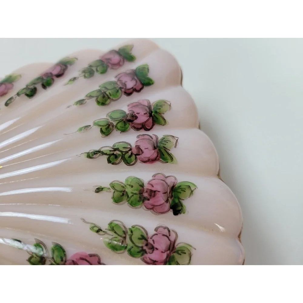 Vtg Cambridge Glass Crown Tuscan Trinket‎ Cigarette Box Seashell Pink Roses